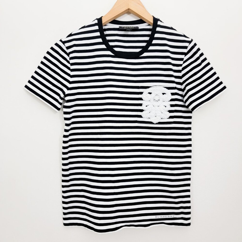 Burberry Striped Logo Pocket T-Shirt in Black White XS
